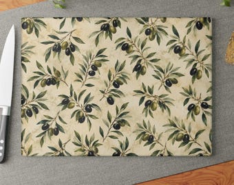Glass Cutting Board Olive Kitchen Decor Mediterranean Kitchen Italian Kitchen Olive Branch Decor