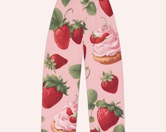 French Toile Strawberry Shortcake Women&#39;s Pajama Pants, Red Strawberries, Chantilly Whipcream Design