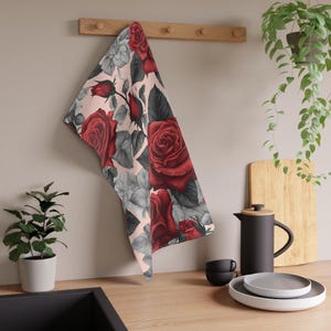 Red Rose Floral Tea Towels Vintage Style Kitchen Towel Gifte Elegant Toile-Inspired Pattern Cotton or Poly Blend Soft Gray Leaves BlushPink