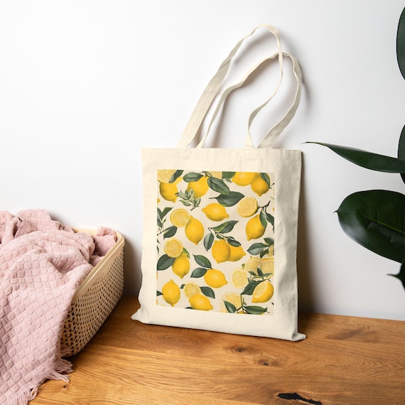 Lemon Toile Canvas Tote Bag Gift Yellow Lemons and Green Leaves