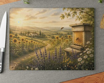 Honey Bee Glass Cutting Board Sunflower Lavender Kitchen Decor Rustic Farmhouse Cutting Board Countryside Landscape Gift