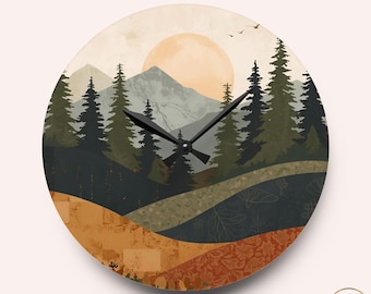 Rustic Mountain Landscape Acrylic Wall Clock Nature Inspired Forest Decor Cabin Wall Art Sunset Style Clock Gift for Home Chefs and Campers