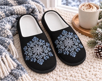 Womens Winter Slippers Black Snowflake Cozy Indoor Slippers Blue Snowflake House Shoes Winter Gift For Her