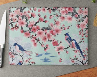 Cherry Blossom Glass Cutting Board Blue Bird Kitchen Decor Pink Floral Cutting Board Housewarming Gift Japanese Inspired