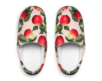 Women&#39;sslippers Fruit Slippers - Red and Pink Apple Toile Design Women&#39;s Indoor House Shoes, Blush Pink Background, Apple Greenleaves 3 SZS