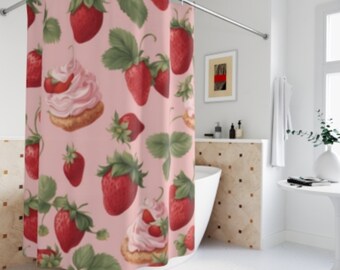 Cortina de ducha de fresa Patrón Toile de fresas y tartas de fresa sobre fondo rosa rubor Fresa Amante Regalo Cortina de verano