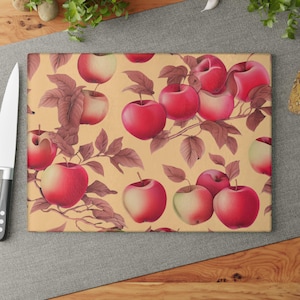 Fall Apple Glass Cutting Board Thanksgiving Decor Autumn Kitchen Accessory Rustic Fruit Design for Holiday Cooking and Hosting Gifts