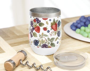 Botanical Berry Wine Tumbler Strawberry Blackberry Blueberry Insulated Wine Cup Cottagecore Drinkware Garden Gift for Her