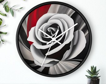 Wall Clock Modern Floral Wall Decor Rose Wall Decor Black White Red Rose Decor Flower Wall Clock Romantic Decor
