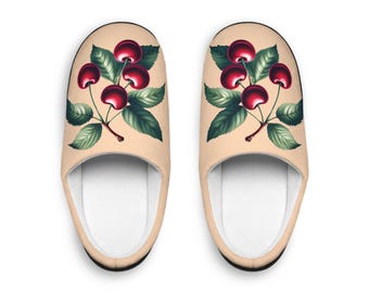 Peachy-Colored Women&#39;s Slippers with Dark Red Cherry Toile Design | Soft Fleece, Anti-Skid Black Rubber Soles | Cozy and Stylish HouseShoes