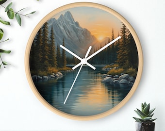 Mountain Wall Clock Pine Forest Decor Mountain Lake Sunset Scenic Landscape Cabin Lodge Wall Decor