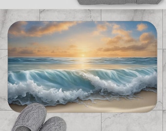 Beach Sunset Bath Mat, Coastal Bathroom Decor, Ocean Waves Rug, Clouds and Sun Bathroom Mat, Nautical Washroom Carpet, Sea View Bath Mat