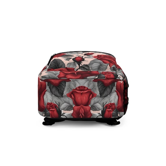 Backpack Red Rose Floral Print Stylish School Bag Vintage  display picture 3