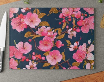 Cherry Blossom Glass Cutting Board Navy Floral Kitchen Decor Pink Botanical Serving Board Housewarming Gift