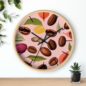 Coffee Beans Wall Clock Coffee Plants Leaves Growth Stages Pink Background Decor Kitchen Clock Unique Gift for Coffee Lover Home WallClock