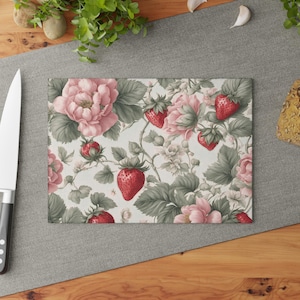 Glass CuttingBoard RedStrawberry Floral Design KitchenDecor Fruit Pattern Decorative HousewarmingGift Chopping Board Glass Cuttingboard Gift