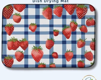 Blue Gingham Strawberry Dish Drying Mat Farmhouse Kitchen Decor Cottagecore Counter Mat Red Berry Kitchen Gift Absorbent Dish Mat