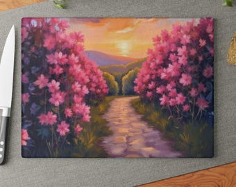 Azalea Garden Sunset Glass Cutting Board Romantic Floral Kitchen Decor Cottage Garden Pink Flower Landscape Housewarming Gift Nature Lover