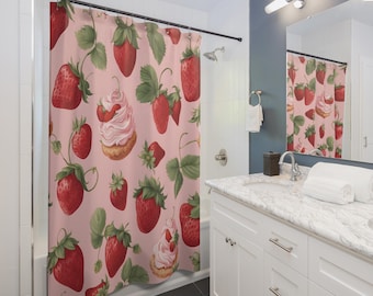 Cortina de ducha de fresa Patrón Toile de fresas y tartas de fresa sobre fondo rosa rubor Fresa Amante Regalo Cortina de verano