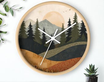 Mountain Landscape Wall Clock Nature-Inspired WallClock Gift Rustic Decor Home Office Accessories Gift for Nature Lovers Boho Style Wall Art