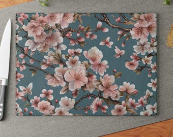 Cherry Blossom Glass Cutting Board Pink Floral Kitchen Decor Botanical Glass Cutting Board Spring Housewarming Gift for Her
