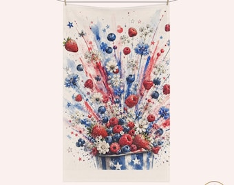 Paño de cocina patriótico, rojo, blanco y bayas, acuarela, decoración de verano para la cocina, estilo americano, fresa, arándano, floral, regalo