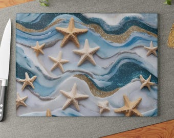 Luxury Coastal Glass Cutting Board Starfish Resin Wave Design Beach House Kitchen Decor Ocean Inspired Serving Board Coastal Gift