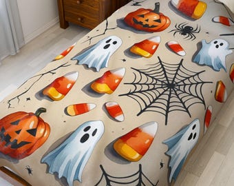 Halloween Plush Blanket Ghost Pumpkin Candy Corn Spider Web Cozy Throw Fall Home Decor Spooky Bed Sofa Accent Holiday Gift