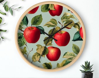 Vintage Apple Wall Clock Farmhouse Kitchen Clock Botanical Orchard Decor Rustic Fruit Wall Decor Country Kitchen Gift