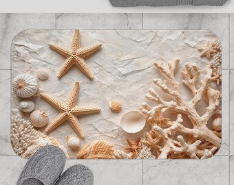 Seashell Bath Mat Coastal Bathroom Decor Starfish Coral Beach Bathroom Rug Neutral Beach House Decor