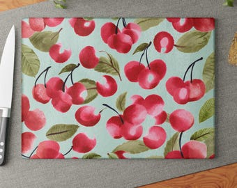 Cherry Glass Cutting Board Watercolor Fruit Kitchen Decor Cute Cherry Cutting Board Botanical Kitchen Gift