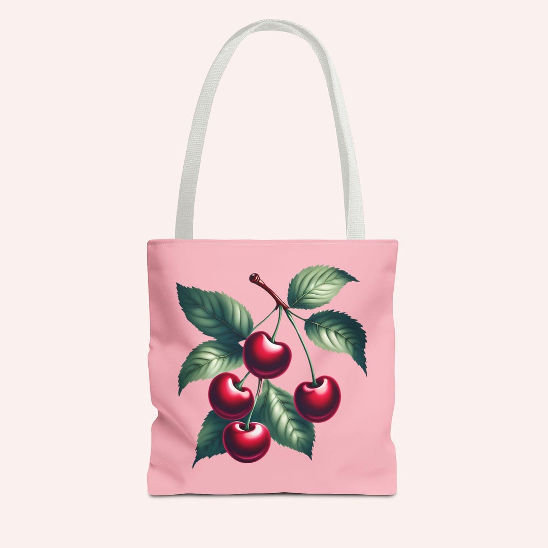 Cherry Tote Bag, Vibrant Dark Red Cherries on Rose Pink, 5 Handle ...