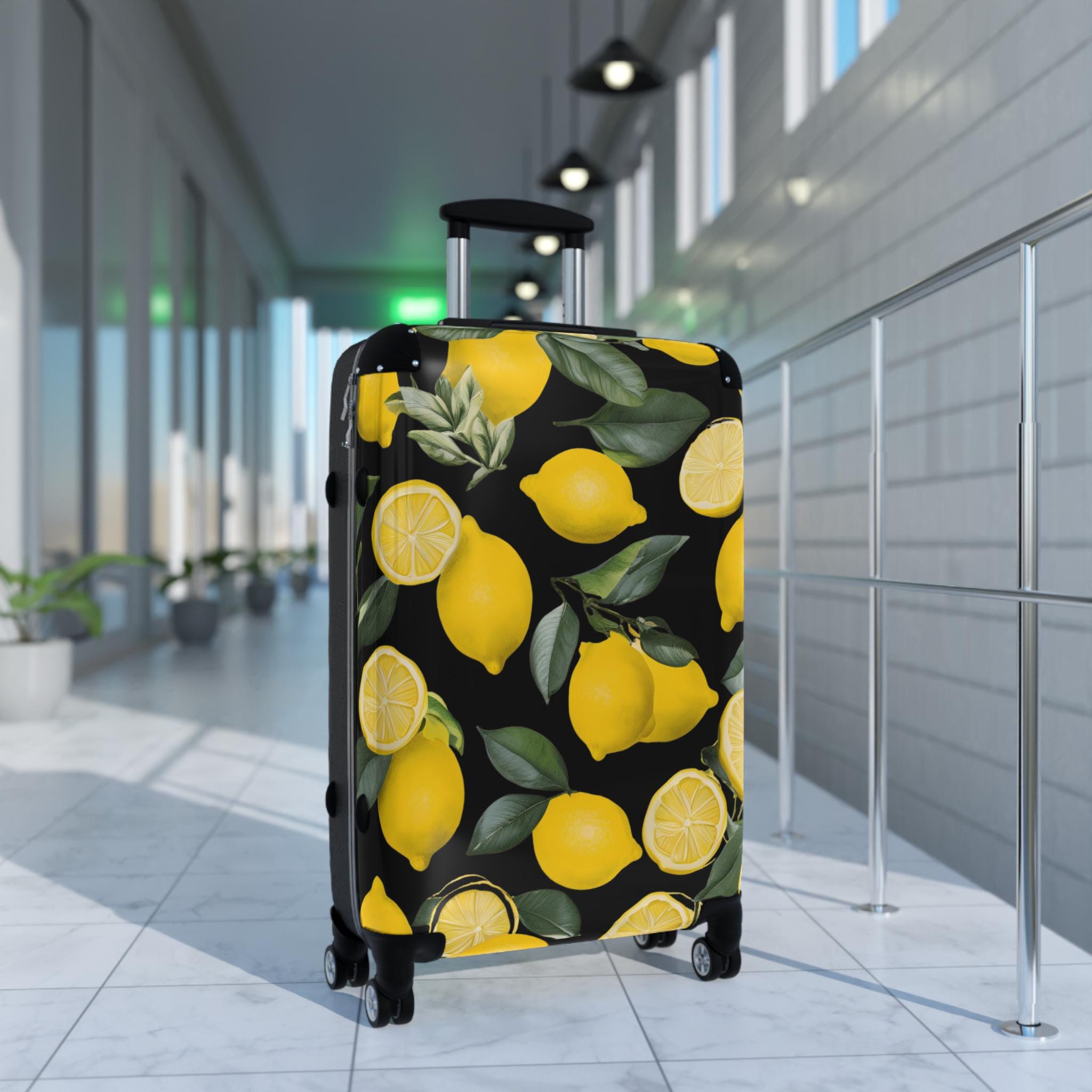Lemonful Print Black Suitcase Stylish Summer Travel Luggage