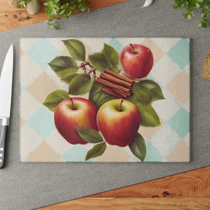 Autumn Apples Glass Cutting Board Fall Kitchen Decor Apple Harvest Thanksgiving Gift for Home Cooks Bakers and Kitchen Enthusiasts
