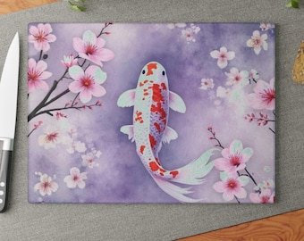 Koi Fish Cherry Blossom Glass Cutting Board Sakura Kitchen Decor Japanese Floral Serving Board Housewarming Gift