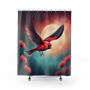 May include: A red cardinal bird flies against a backdrop of a large, bright moon and a dark, starry sky. The bird's wings are spread wide, and its feathers are a vibrant red. The moon is a soft, yellow color, and the stars are a twinkling white. The background is a soft, blue-green color.