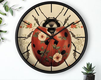 Floral Ladybug Wall Clock Gift Vintage Botanical Beetle Clock Maximalist Decor Asian Inspired Functional Art