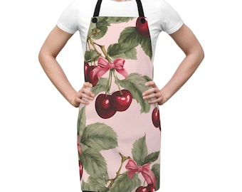 Pink KitchenApron Giftful Coquette Cherry Apron RedCherries with PinkBows Blush Background Chef Apron Cooking Apron Mothers Day Gifte