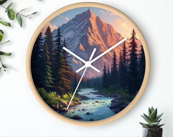 Mountain Wall Clock Pine Forest Decor Mountain River Landscape Nature Decor Cabin Decor Rustic Lodge Evergreen Wall Decor