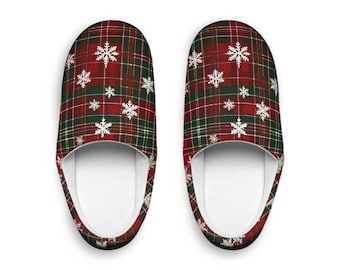 Pantuflas navideñas a cuadros para mujer, pantuflas de casa con copos de nieve rojos y verdes, zapatos cómodos para estar en casa durante las fiestas, regalo navideño de estilo rústico.