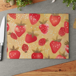 Strawberry Glass Cutting Board Kitchen Decor Gift For Chefs Gold Background Unique Homeware Strawberry Lovers Gift Summer Dining Essentials