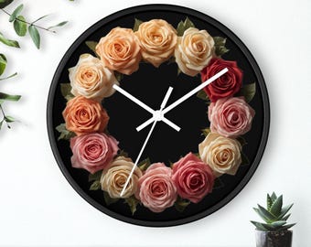 Rose Wreath Wall Clock Black Floral Decor Vintage Roses Elegant Romantic Wall Decor