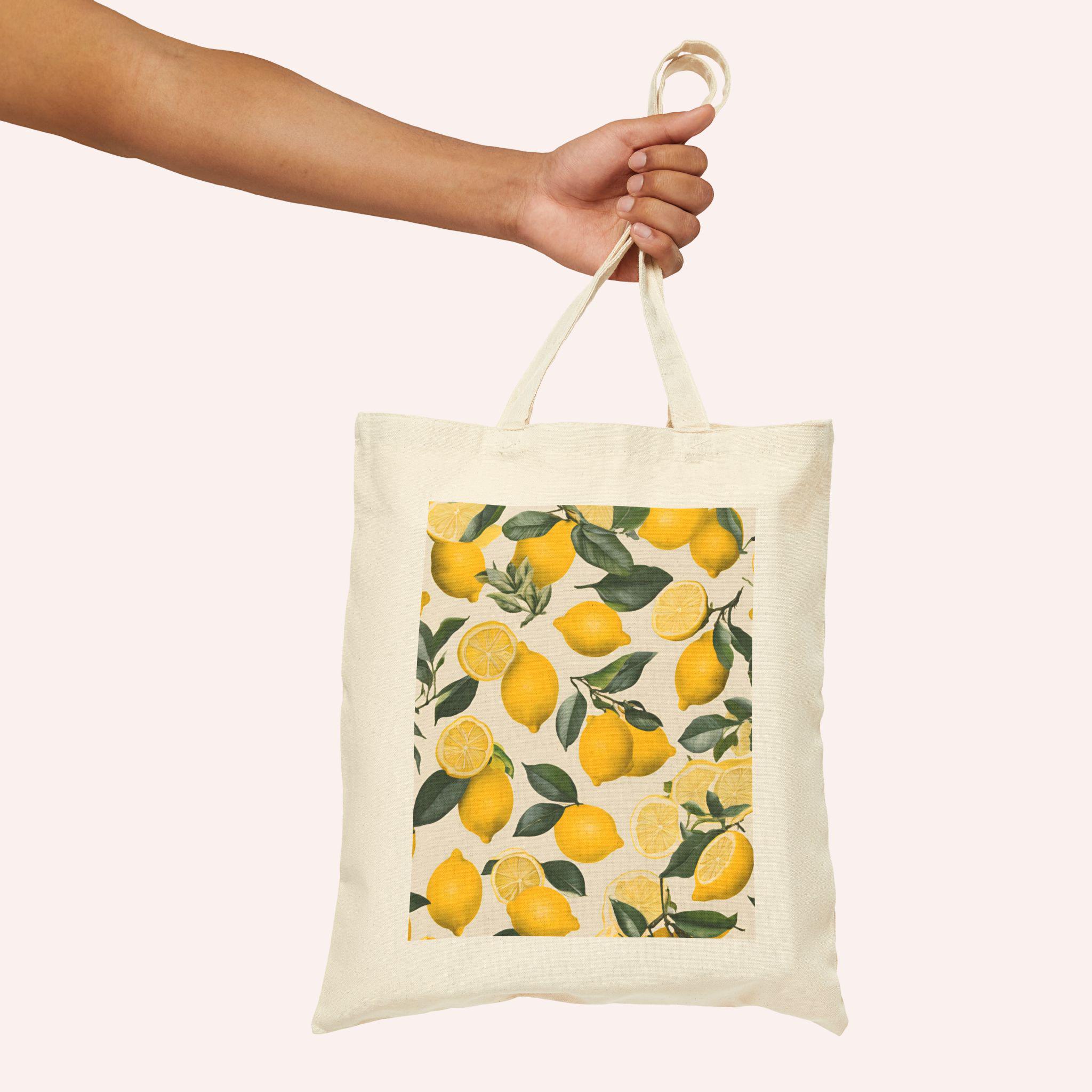 Lemon Toile Canvas Tote Bag Gift Yellow Lemons and Green Leaves