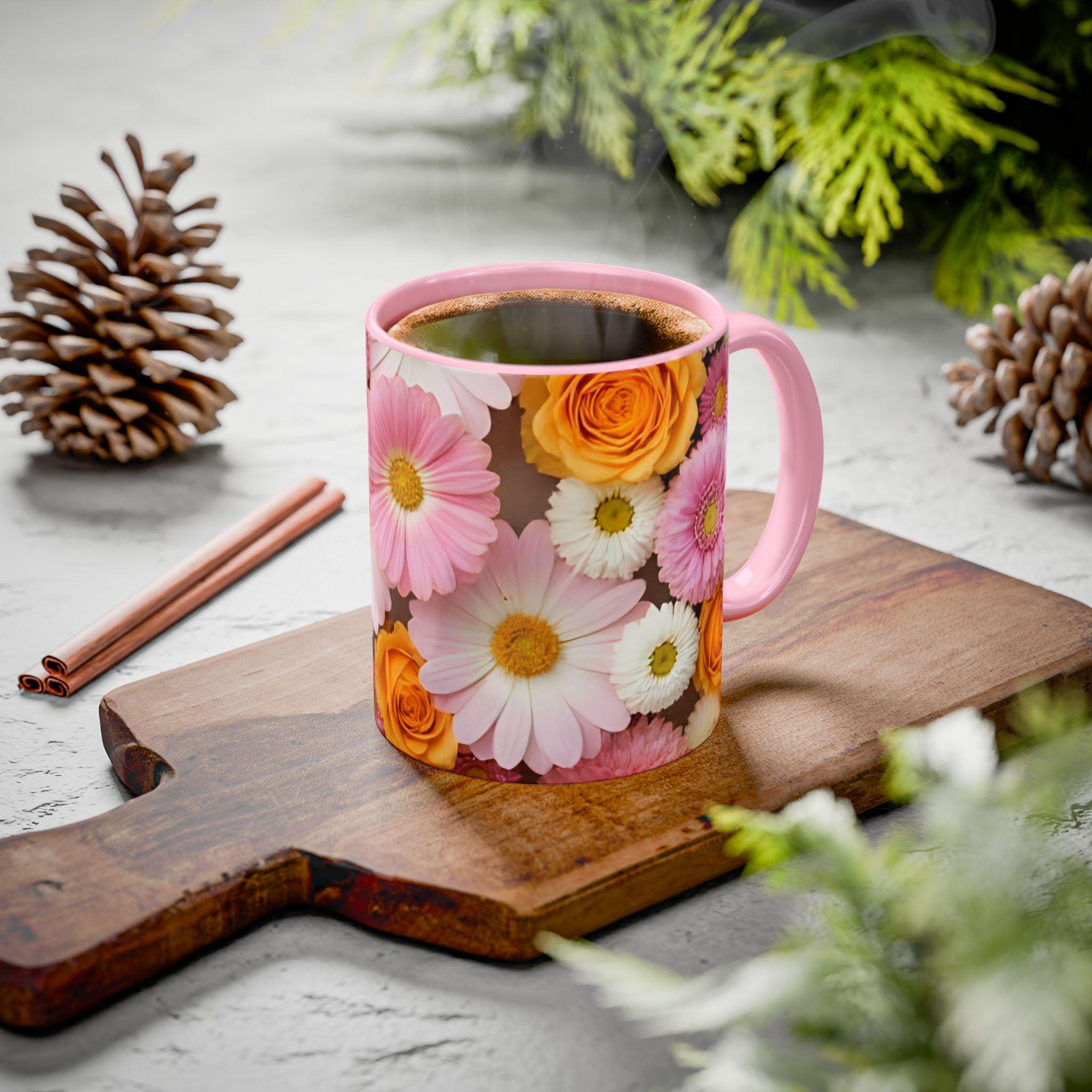 花柄コーヒーマグ。鮮やかな花のアクセントカップ。11オンスまたは15