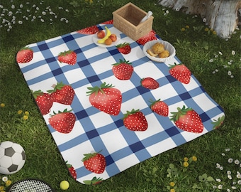 Strawberry Picnic Blanket Blue Gingham Outdoor Blanket Summer Picnic Mat Strawberry Checkered Throw Beach Park Blanket