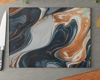 Abstrakte Marmor Glas Schneidebrett Blau Weiß Gold Swirl Design Moderne Luxus Küche Dekor Elegante Arbeitsplatte Geschenk