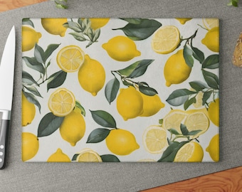 Toile Pattern Lemon Printe Glass Cutting Board Lemon Kitchen Decor Yellow Lemons Fruit Design Glass Board Kitchen Accessories Chef Gifte