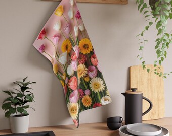 Spring Garden Tea Towel Pink Tulips Daisies Botanical Kitchen Towel Cottagecore Floral Kitchen Decor Mother's Day Gift Housewarming Gift