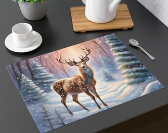 Winter Deer Placemat Snowy Forest Woodland Table Decor Cabin Lodge Decor Christmas Placemat Winter Kitchen Decor