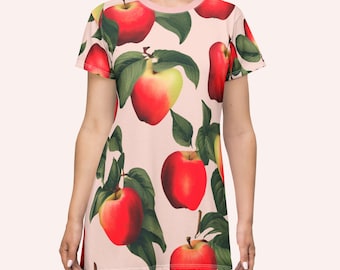 Apple Print T Shirt Dress Pink Fruit Dress Cottagecore Outfit Vintage Botanical Summer Gift For Women
